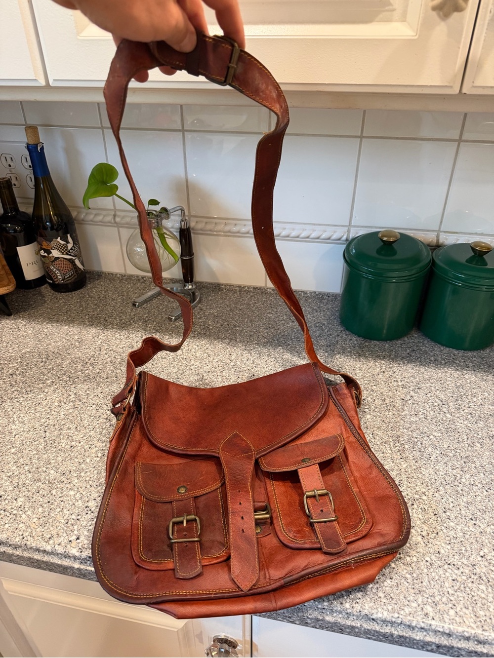 Komal's Passion Leather Messenger Mail Bag Crossbody Brown Buckles Rustic VTG